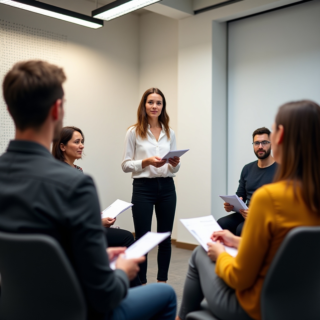 A diverse group of professionals engaged in a structured practice session around a conference table